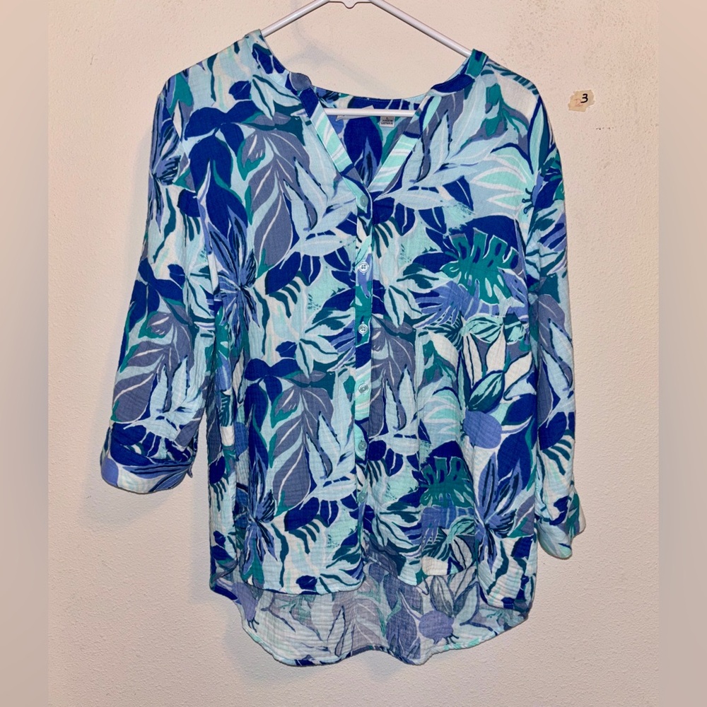 Joan Rivers V-neck tropical cotton top L
